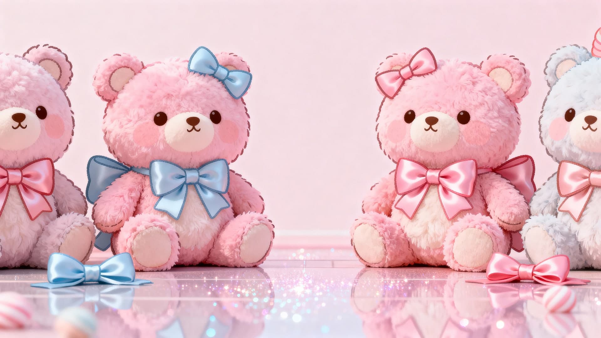 cute pink doodles with plush bears and bows, candy land scenery, sparkly floor reflections, desktop wallpaper, cinematic 16:9 composition, no mockup, no device frame, no ui, no text, no watermark, no status bar, no bezel, no phone screen, no clock, no icons, no notch, plain wallpaper, clean background
