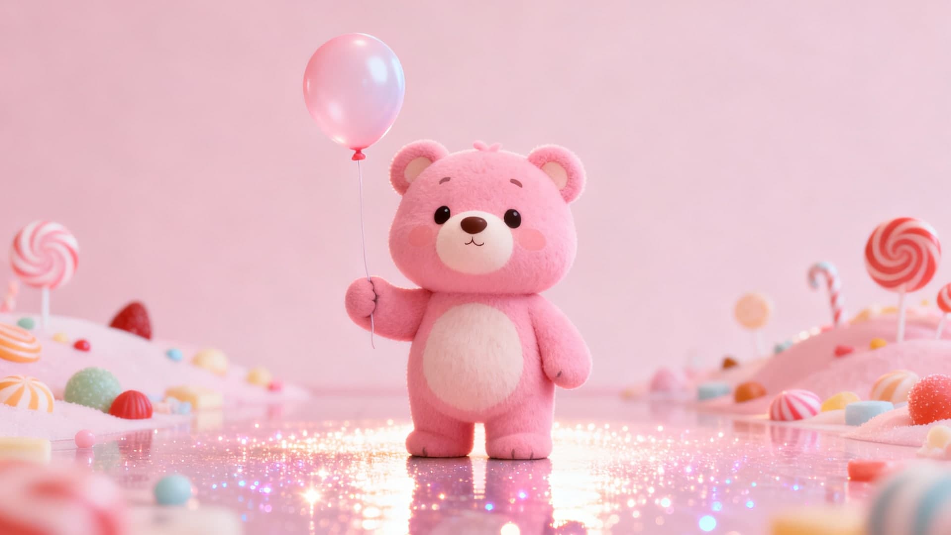 kawaii pink bear standing with a balloon, candy land background, soft rim light, sparkly floor reflections, cinematic 16:9 composition, no mockup, no device frame, no ui, no text, no watermark, no status bar, no bezel, no phone screen, no clock, no icons, no notch, plain wallpaper, clean background