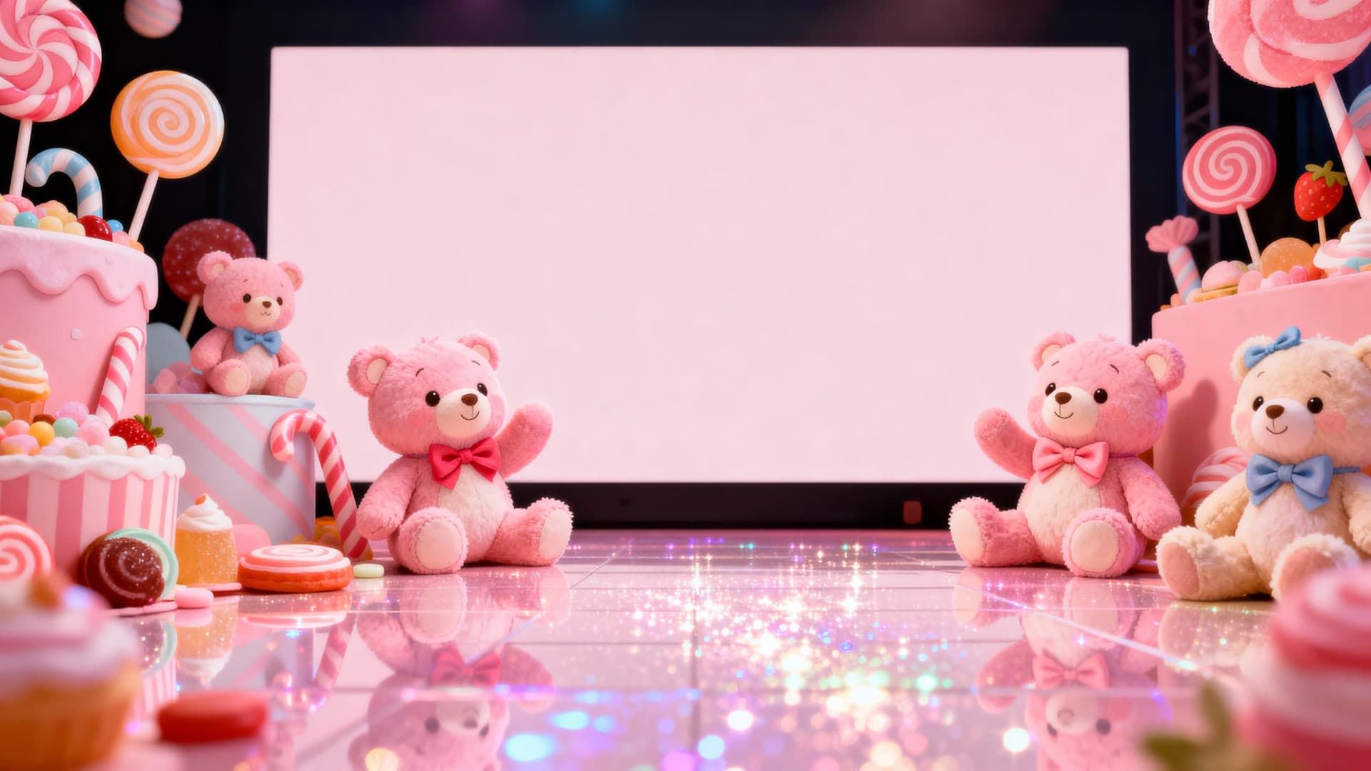 cute pink doodles with plush bears and bows, candy land scenery, sparkly floor reflections, desktop wallpaper, cinematic 16:9 composition, no mockup, no device frame, no ui, no text, no watermark, no status bar, no bezel, no phone screen, no clock, no icons, no notch, plain wallpaper, clean background