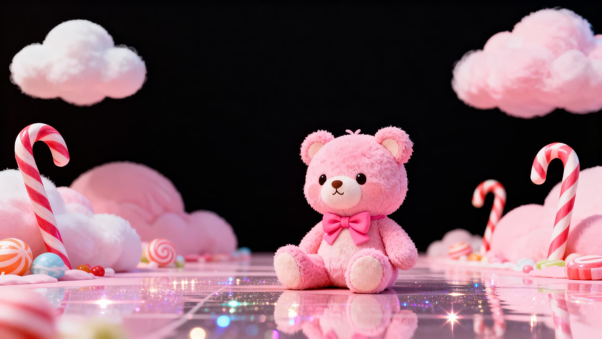 cute pink doodles with plush bears and bows, candy land scenery, sparkly floor reflections, desktop wallpaper, cinematic 16:9 composition, no mockup, no device frame, no ui, no text, no watermark, no status bar, no bezel, no phone screen, no clock, no icons, no notch, plain wallpaper, clean background