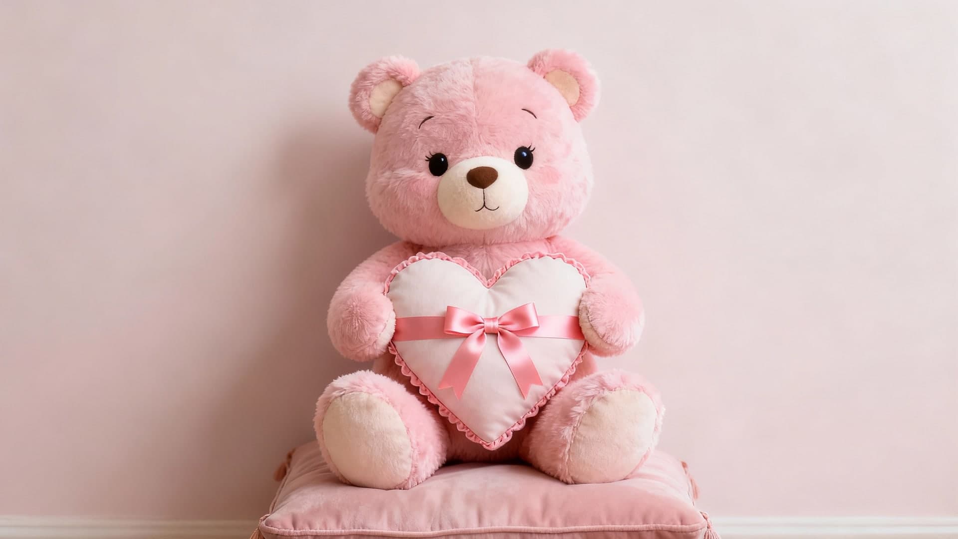 kawaii pink plush bear sitting on a cushion, holding a ribbon heart pillow, soft studio lighting, dreamy pastel background, cinematic depth of field, 16:9, no mockup, no device frame, no ui, no text, no watermark, no status bar, no bezel, no phone screen, no clock, no icons, no notch, plain wallpaper, clean background
