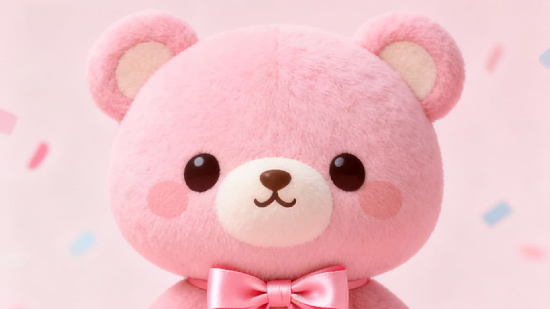 kawaii pink bear with ribbon bow, pastel confetti background, adorable japanese character design, soft studio lighting, iphone wallpaper, vertical 9:16, no mockup, no device frame, no ui, no text, no watermark, no status bar, no bezel, no phone screen, no clock, no icons, no notch, plain wallpaper, clean background