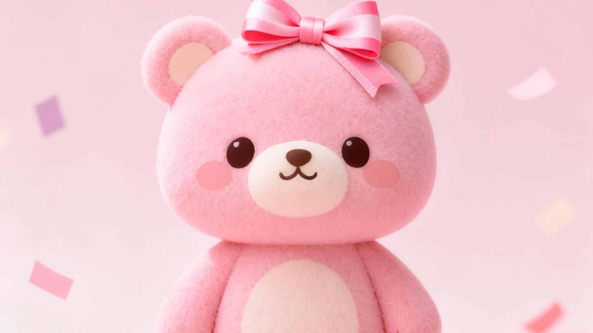 kawaii pink bear with ribbon bow, pastel confetti background, adorable japanese character design, soft studio lighting, iphone wallpaper, vertical 9:16, no mockup, no device frame, no ui, no text, no watermark, no status bar, no bezel, no phone screen, no clock, no icons, no notch, plain wallpaper, clean background