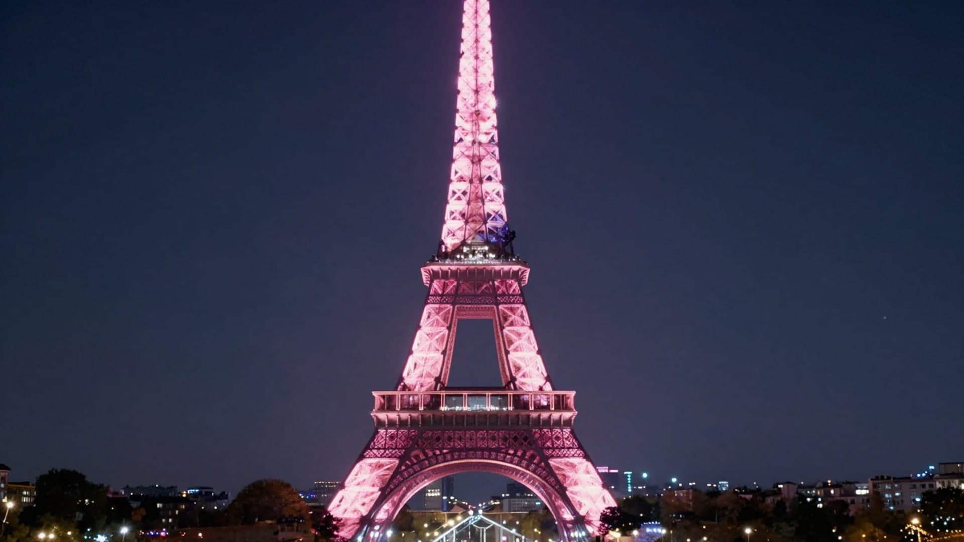 Pink-toned night view of the Eiffel Tower with sparkling city lights and dreamy atmosphere.