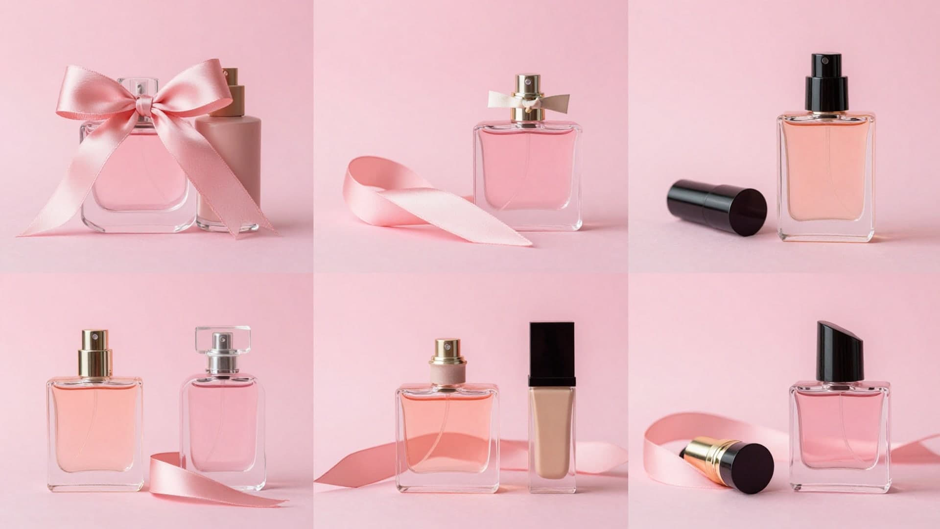 Pink beauty-themed collage with makeup, ribbons and still life details.