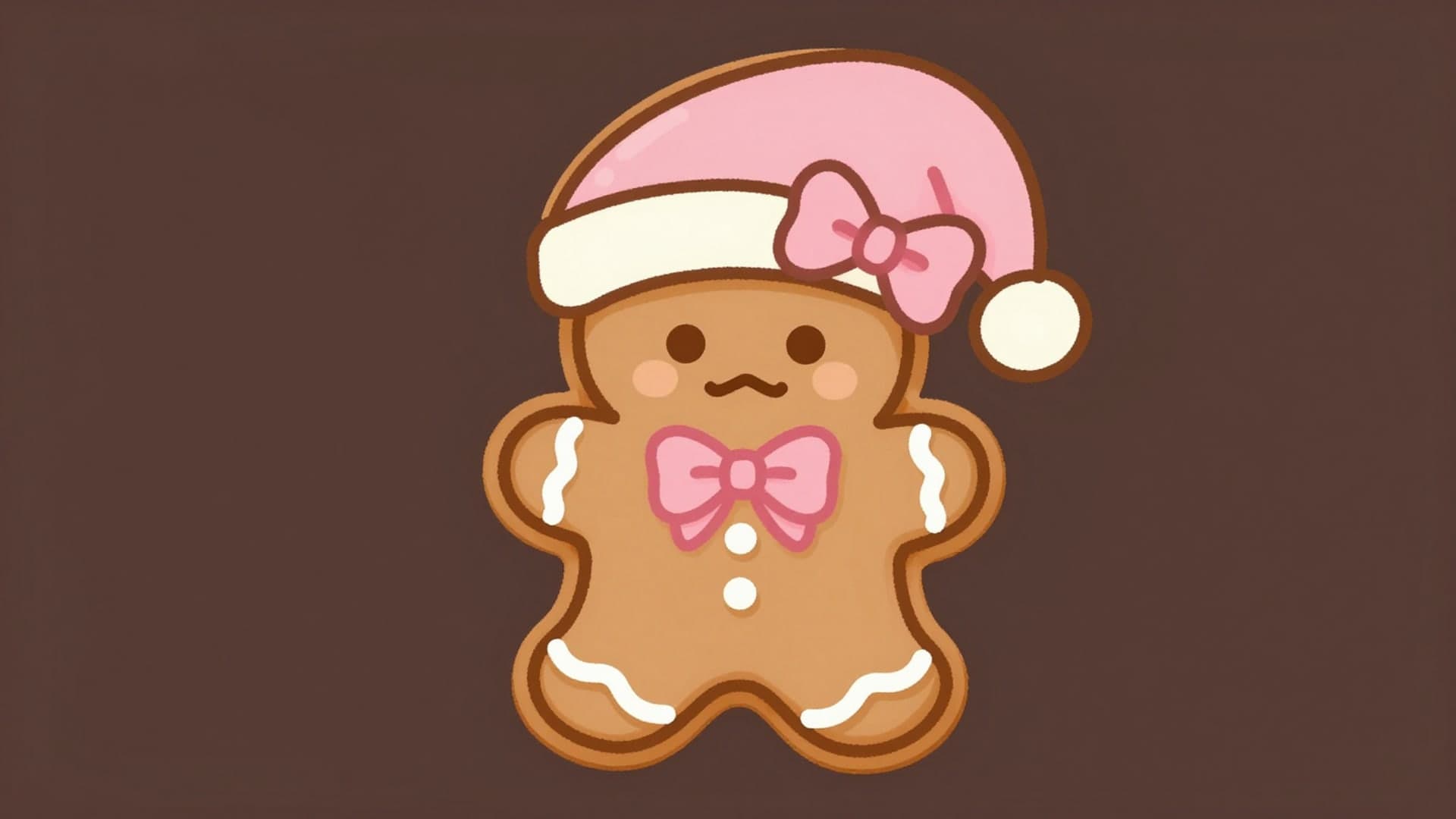 A kawaii gingerbread girl cookie character with a pink hat and big bow on a warm mauve background.