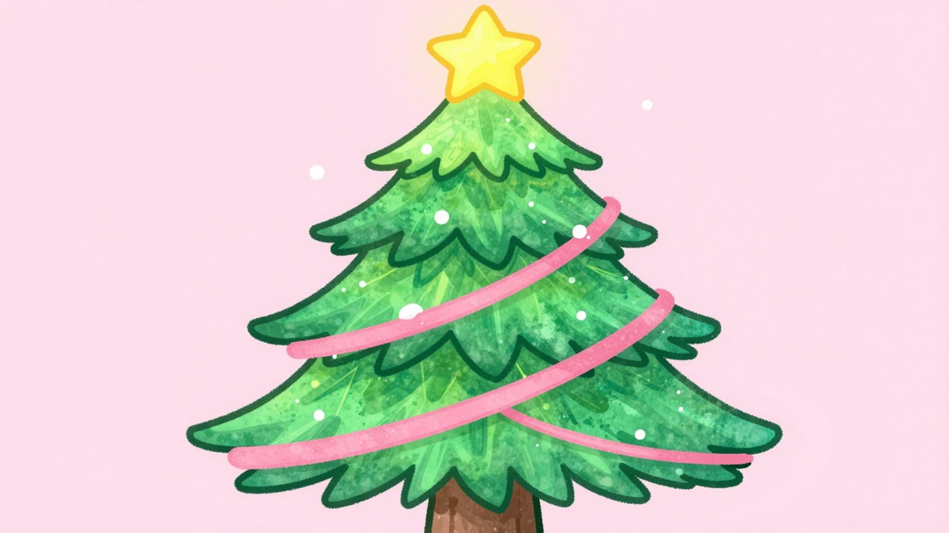 A soft pastel illustration of a Christmas tree decorated with pink ribbons and delicate snowflakes.