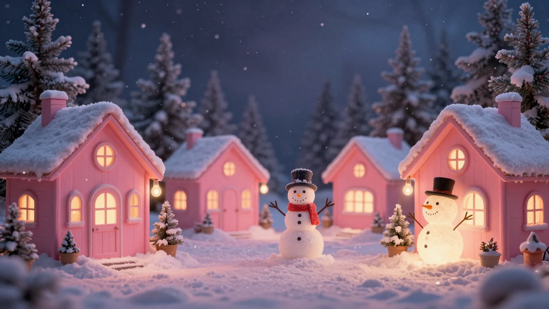 A cozy pink winter village at night, glowing with Christmas lights and softly falling snow around a cheerful snowman.
