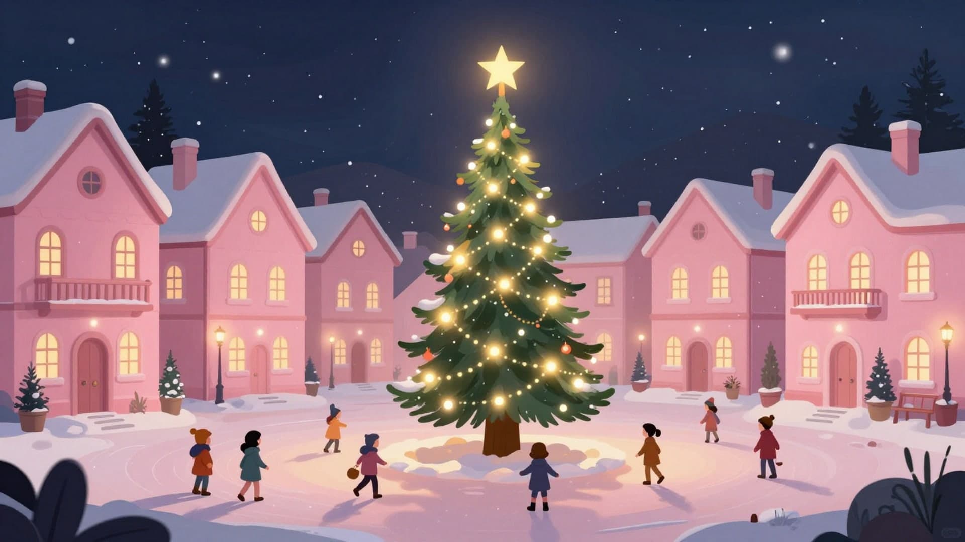 A dreamy winter town square painted in soft pink tones, with children playing and a bright glowing Christmas tree.
