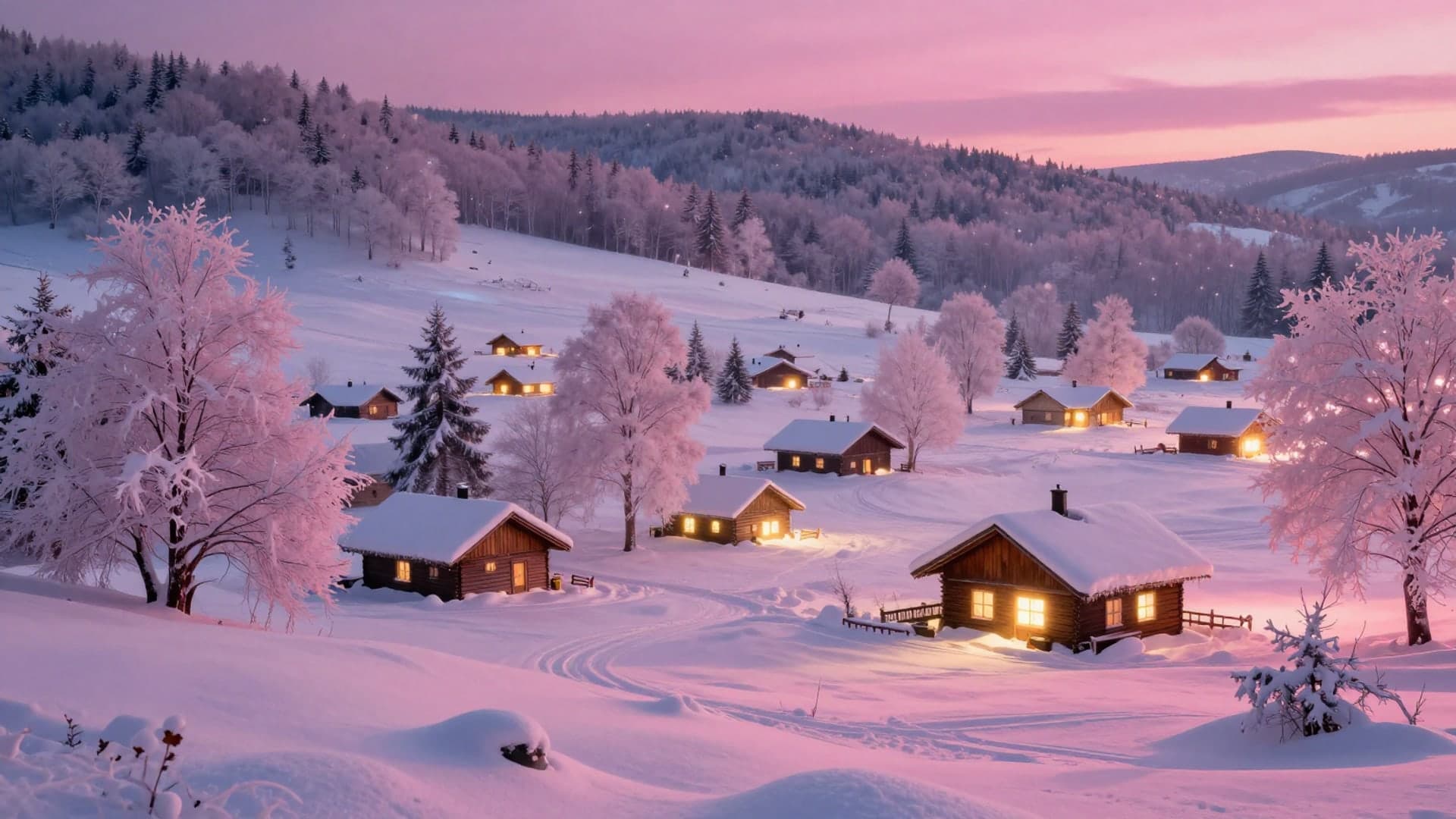 A dreamy pink winter valley filled with glowing lights, snow-covered trees, and a cozy holiday cottage.