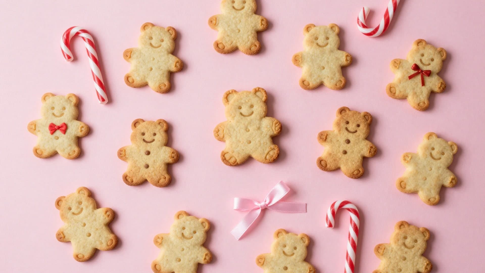 A pastel pink flatlay filled with cute Christmas cookies, ribbons, candy canes, and gift wrapping items in soft festive tones.