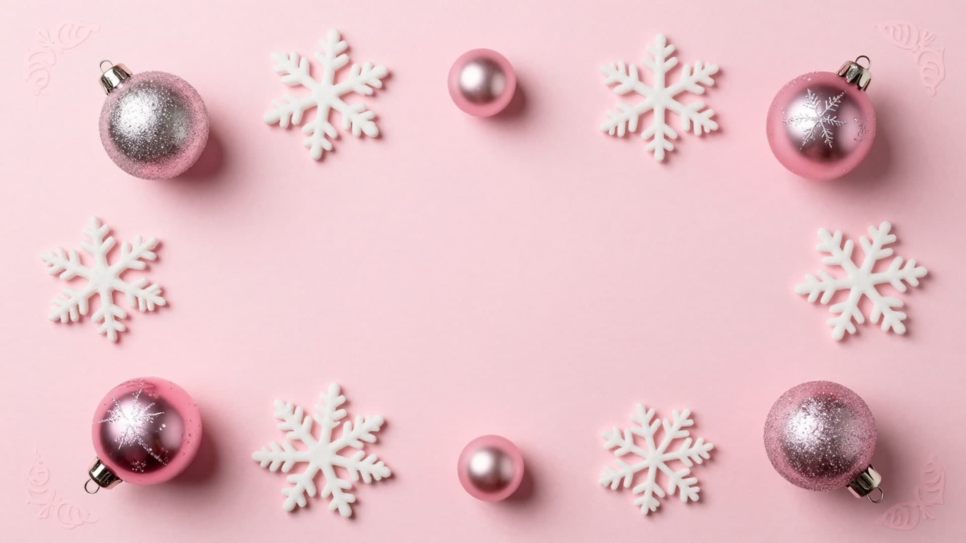 A minimal pink Christmas-themed frame layout surrounded by ornaments, snowflakes, and pastel decorations.