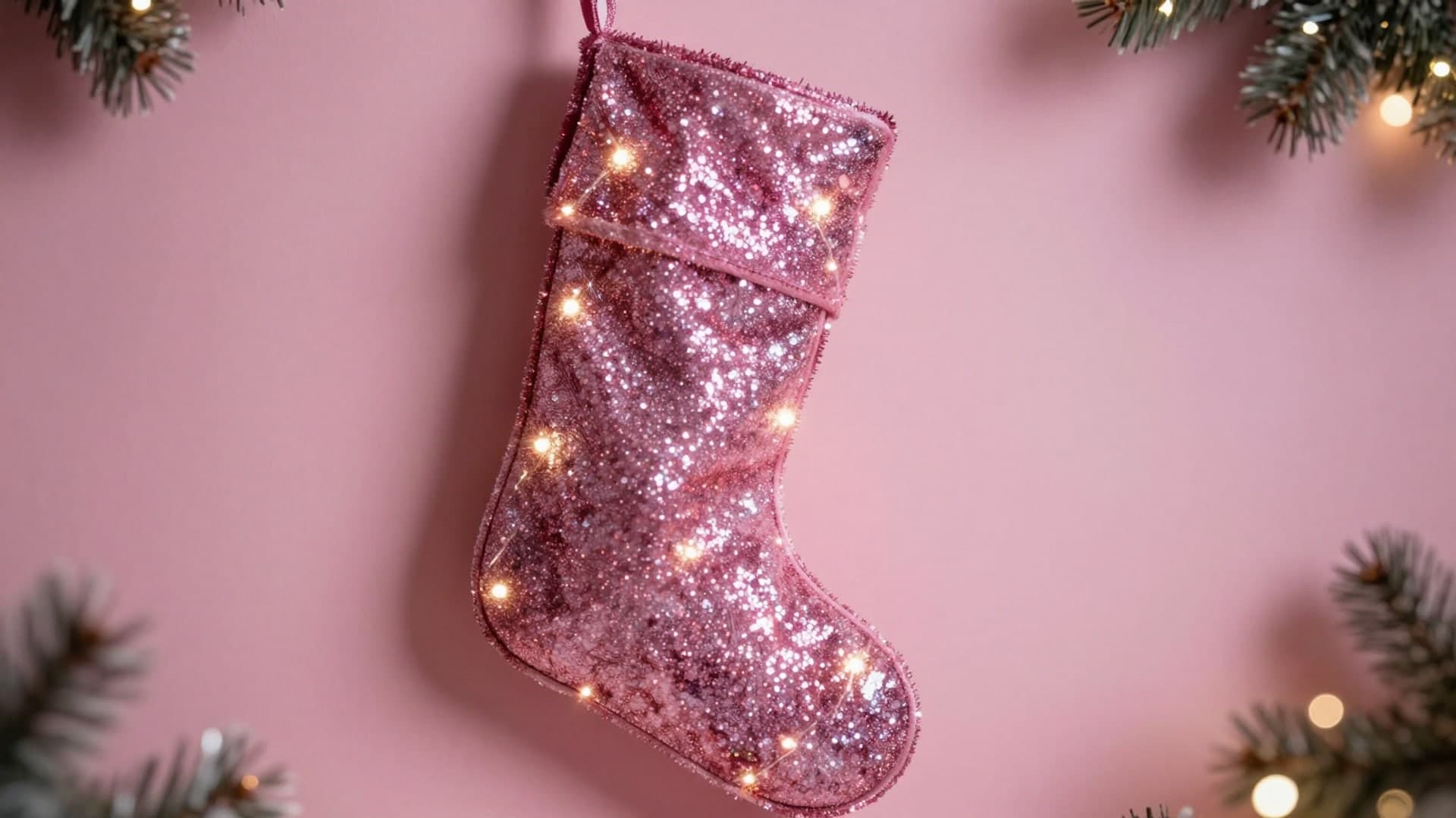 A shimmering pink Christmas stocking made of glossy tinsel, hanging softly against a pastel pink background with warm festive lights.