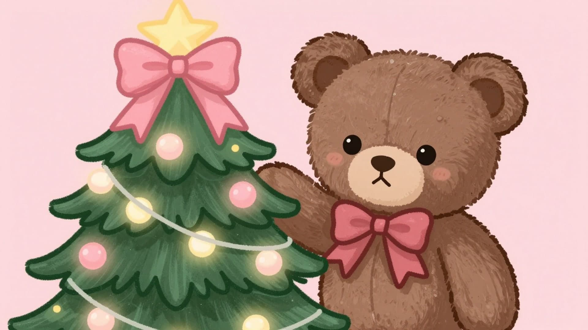 A cute teddy bear sitting beside a small Christmas tree decorated with pink lights and a big ribbon bow.