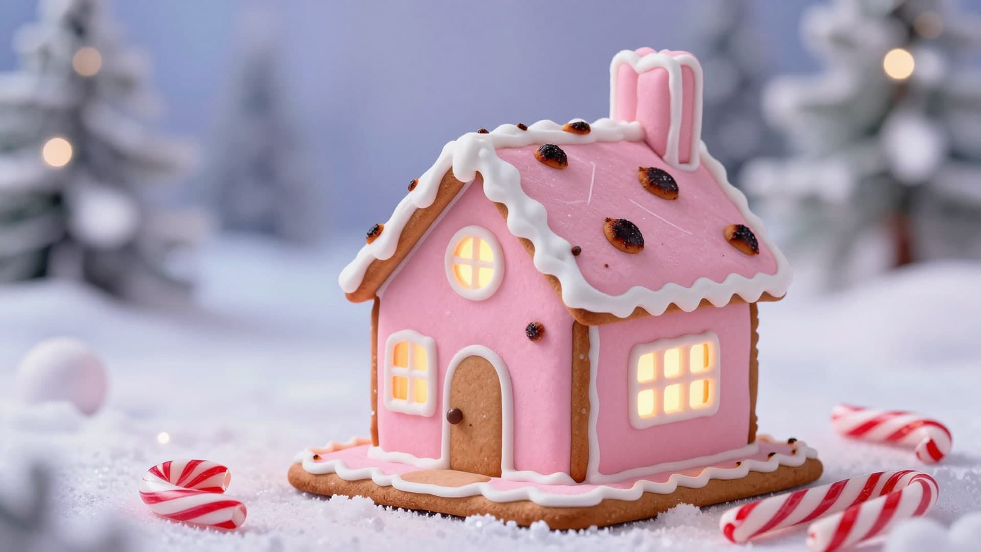 A dreamy pink gingerbread house surrounded by snow, candy canes, and glowing pastel lights for a fairytale holiday feel.