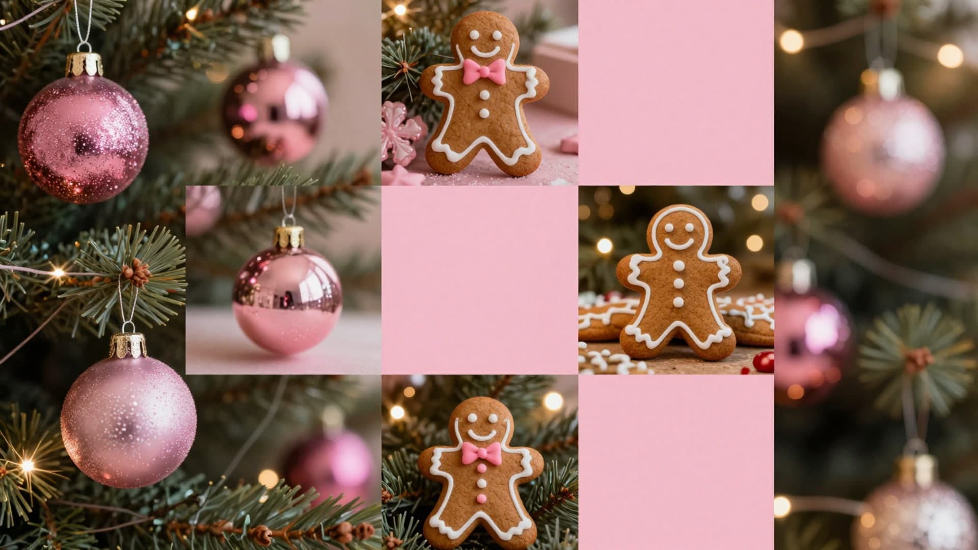 A rich pink Christmas collage filled with ornaments, gingerbread houses, sparkles, mugs, and holiday textures.
