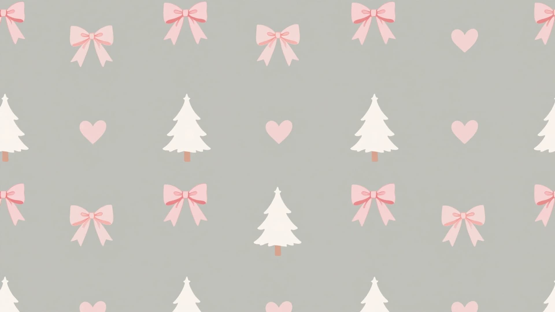 A repeating pastel Christmas pattern featuring small pink bows, snowy trees, and hearts on a soft background.