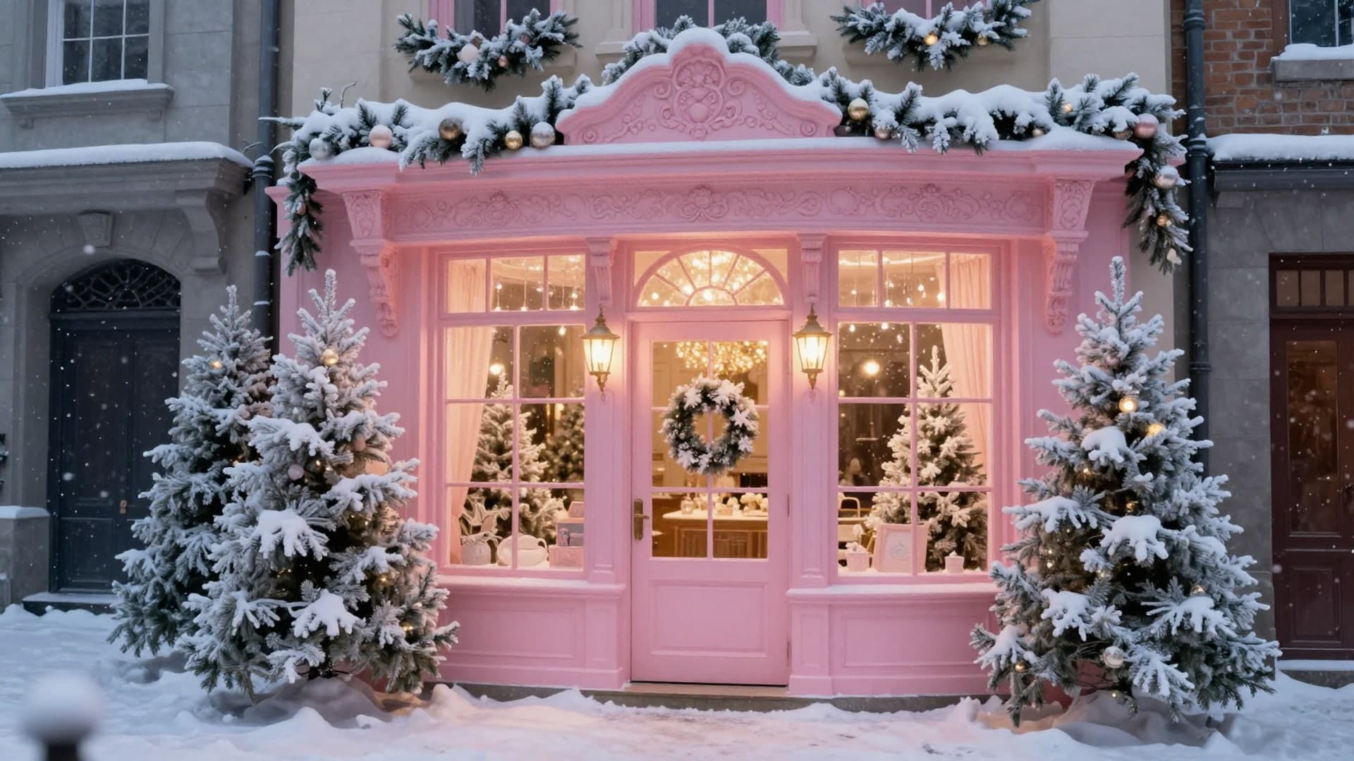A dreamy pink holiday storefront decorated with frosted trees, shimmering ornaments, and winter details for a fairytale look.
