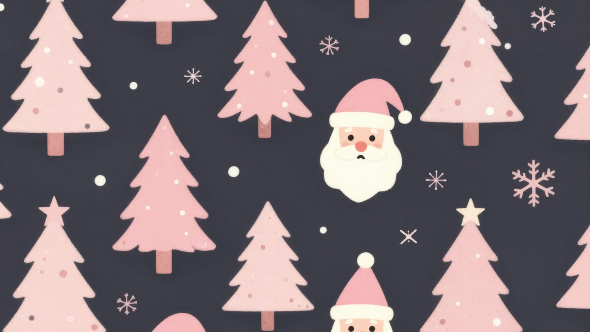 A repeating vintage-style pink Santa Claus pattern with soft snowflakes and pastel Christmas trees.