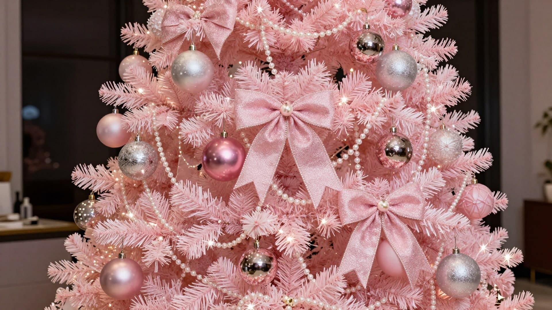 A beautifully decorated pink Christmas tree covered in bows, pearls, and shimmering ornaments.