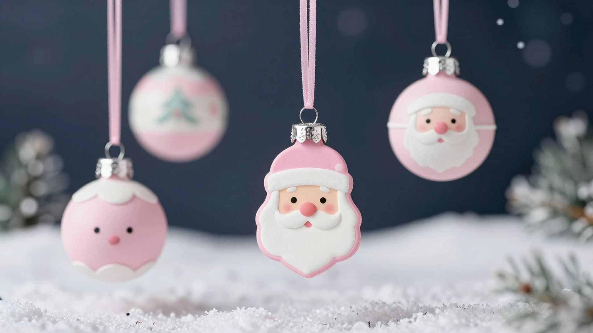 Soft pastel Christmas ornaments hanging above a cute pink Santa illustration on a gentle snowy background.