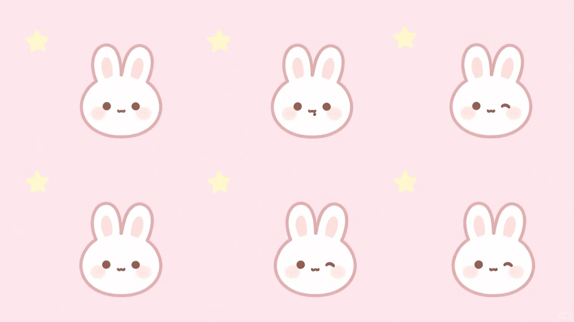 Cute pastel bunnies hidden inside soft pink circular patterns with little stars.
