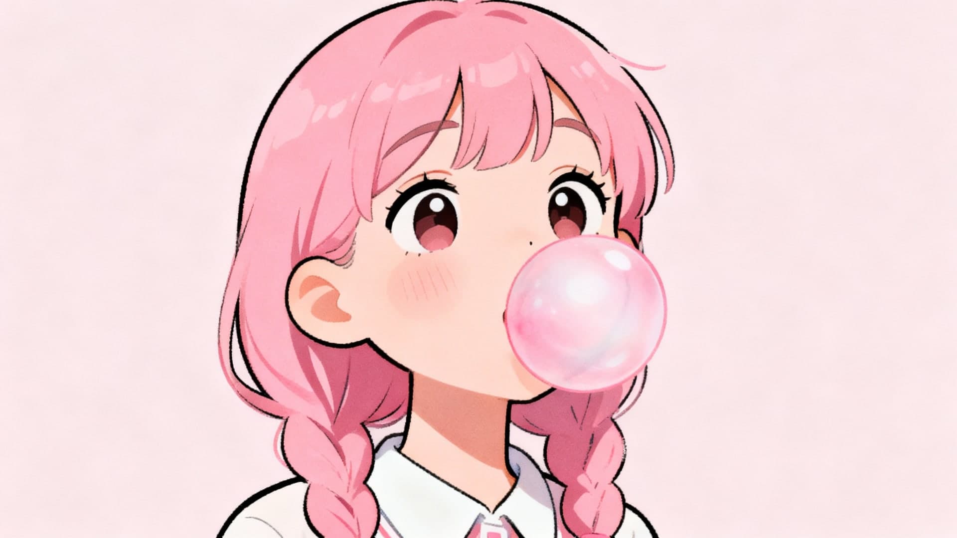 cute cartoon girl with pink hair blowing bubblegum, soft pastel background, kawaii aesthetic illustration, clean simple design, charming and fun, 16:9 vertical crop style, no watermark, no text overlays, no logos, no phone mockup