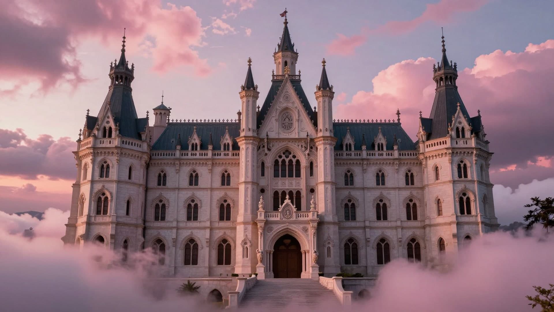 Gothic palace architecture surrounded by soft pink clouds and dramatic twilight mood.