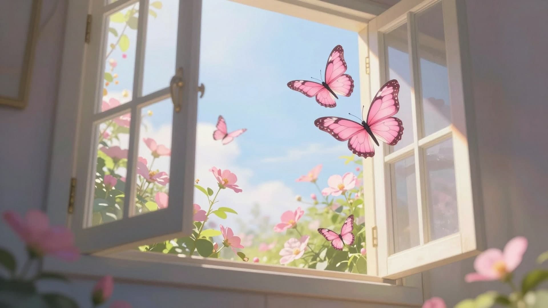 Open window with glowing pink butterflies drifting in sunlight.