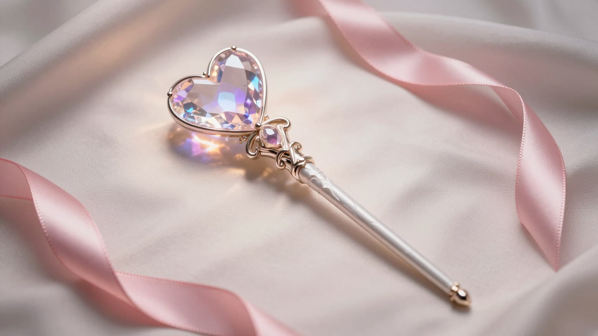 Fantasy magic wand with pink ribbon and crystal heart on silky fabric.