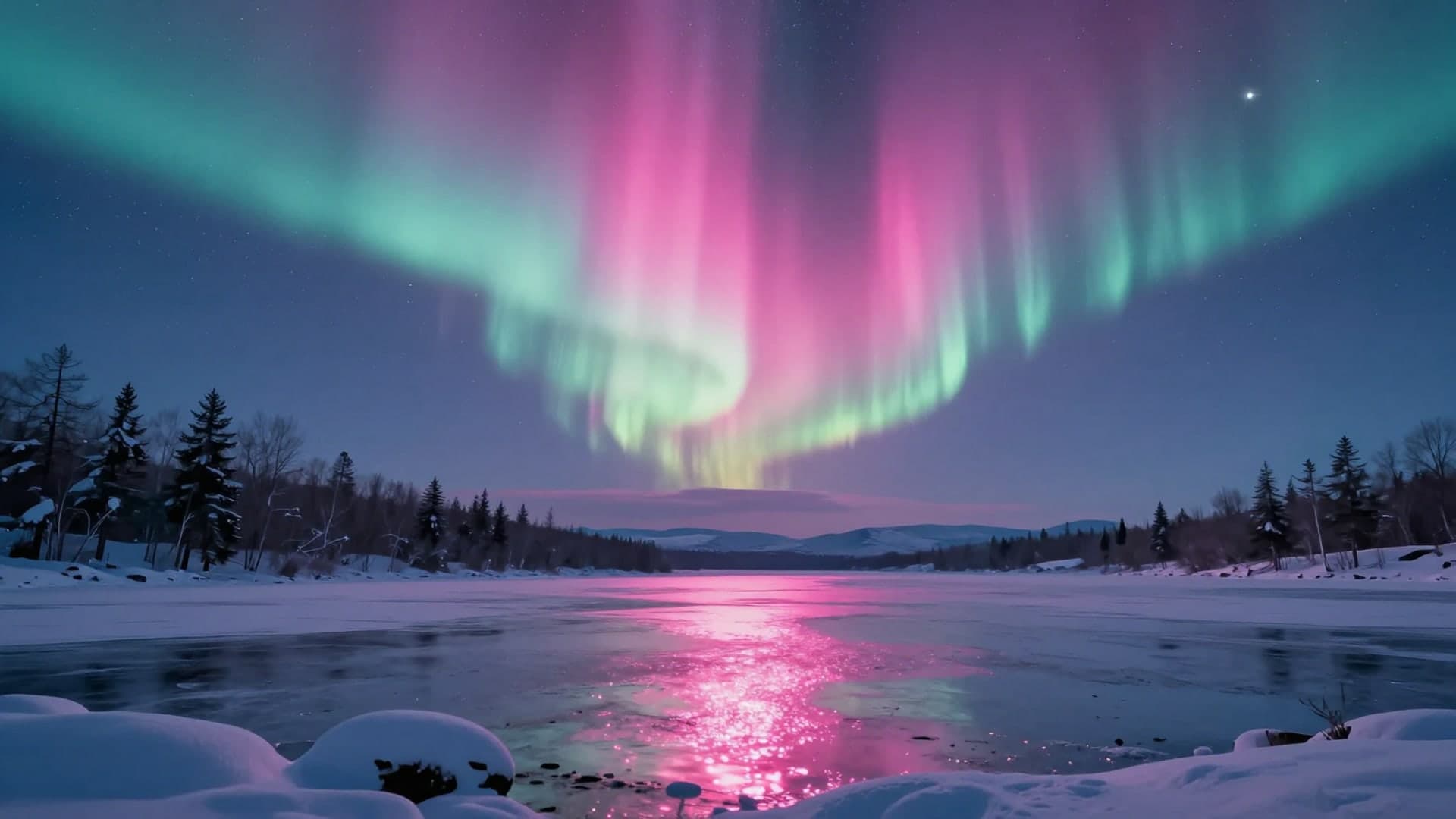 Fantasy snowy landscape illuminated by vivid pink aurora and glittering reflections.