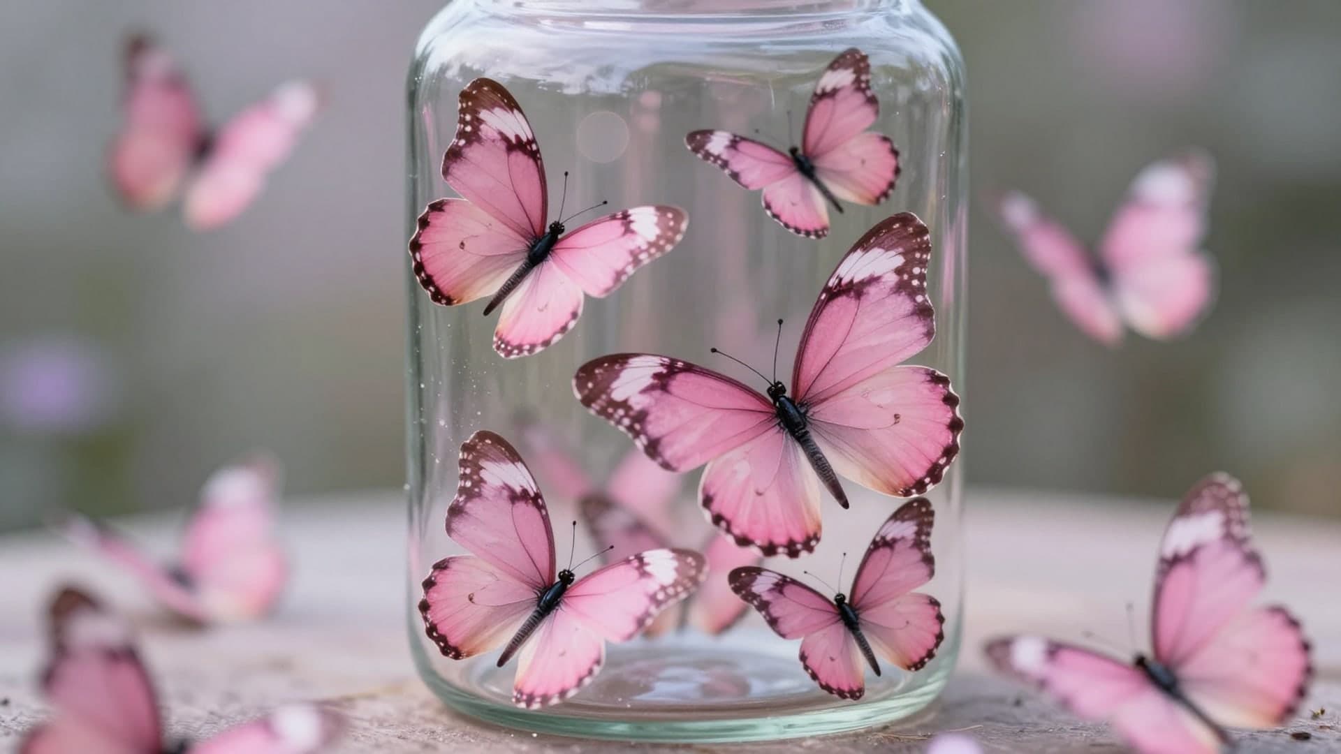 Butterflies emerging from a glass jar in a magical pastel scene.