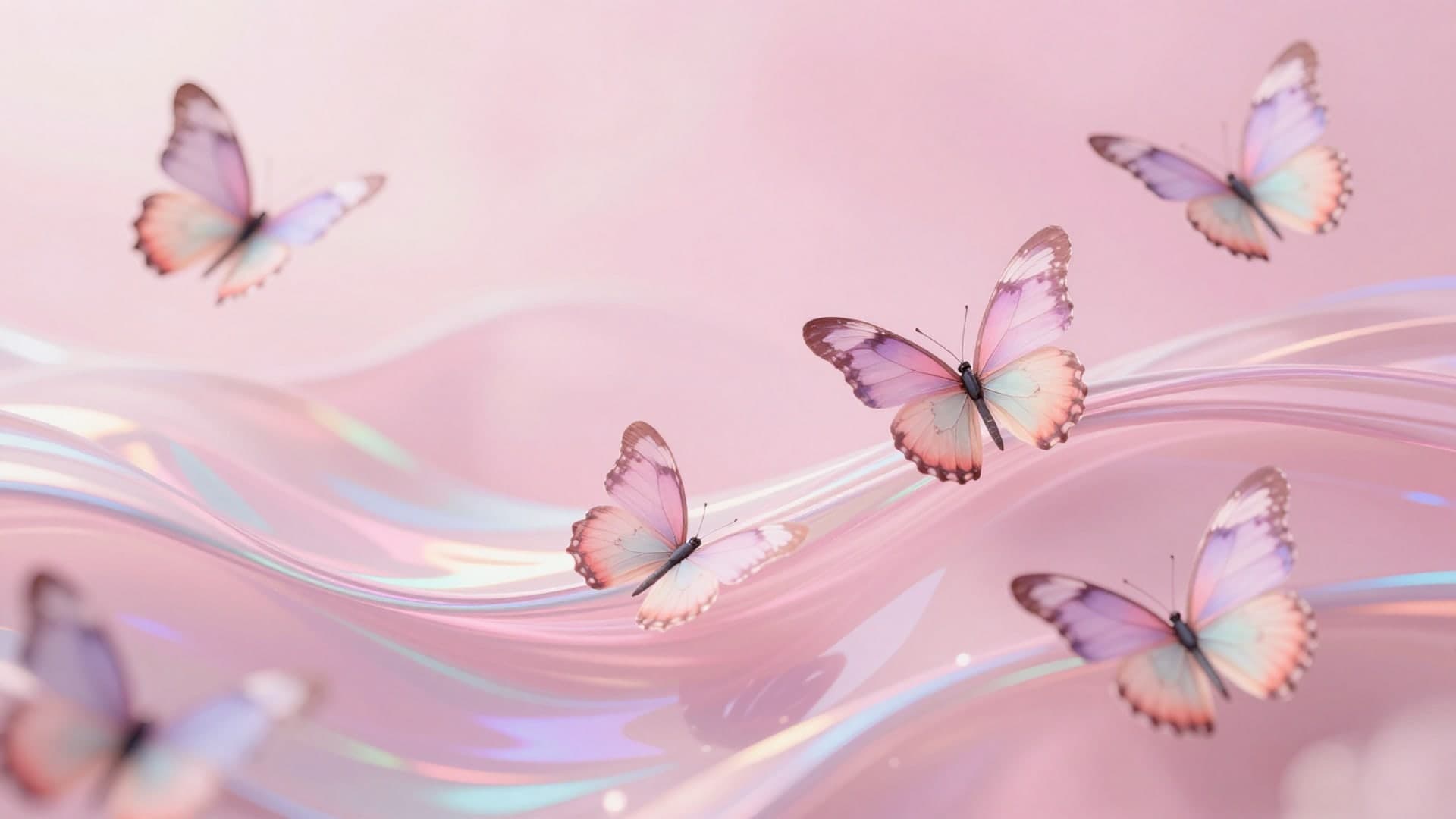 Holographic background with butterflies and dreamy text in soft pastel pink.