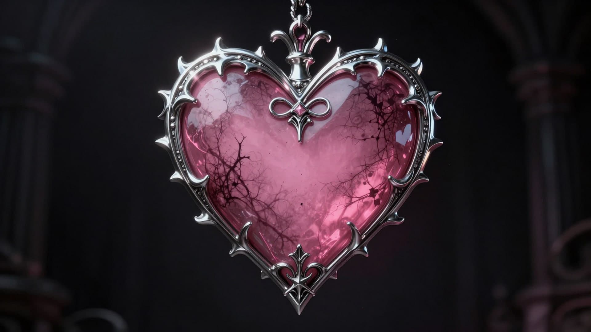 A gothic metallic heart ornament with ornate silver details in a dramatic fantasy style.