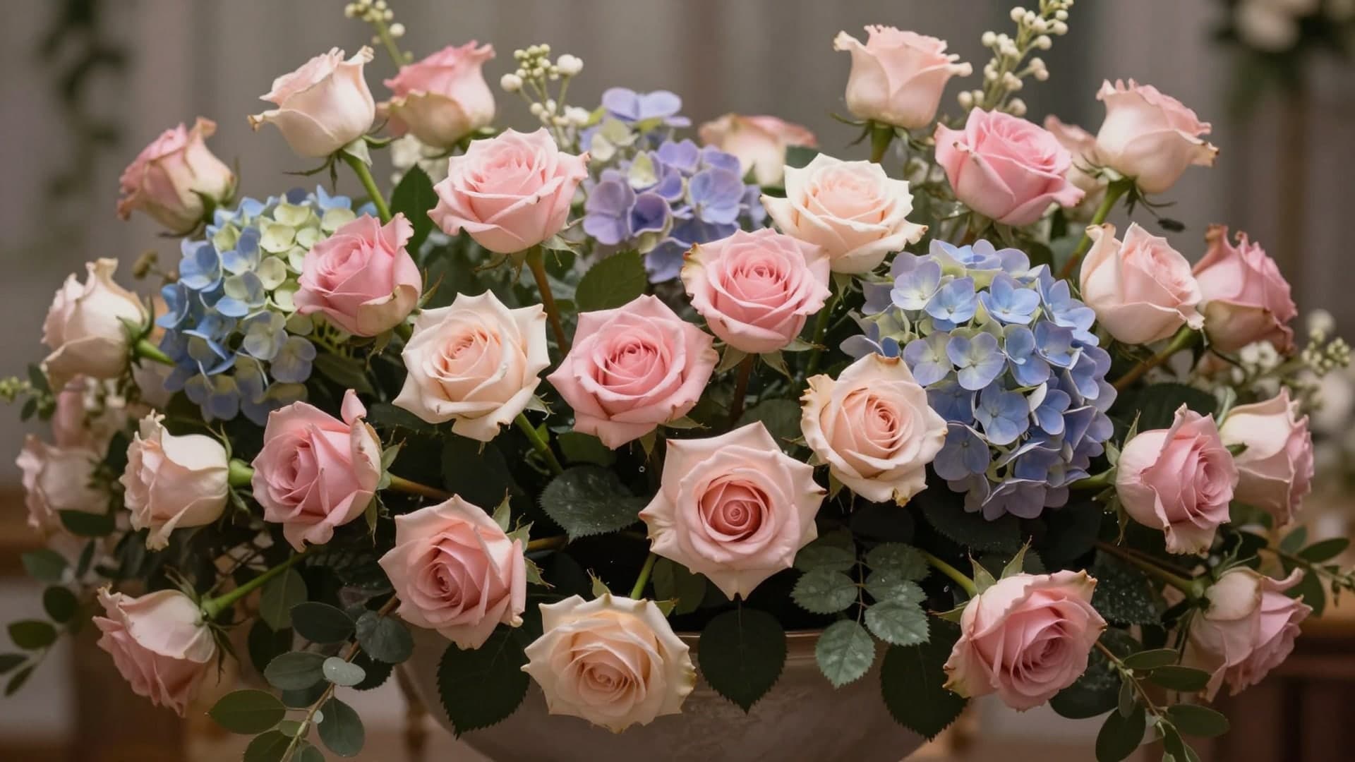 Soft pastel floral arrangement with different blossoms.