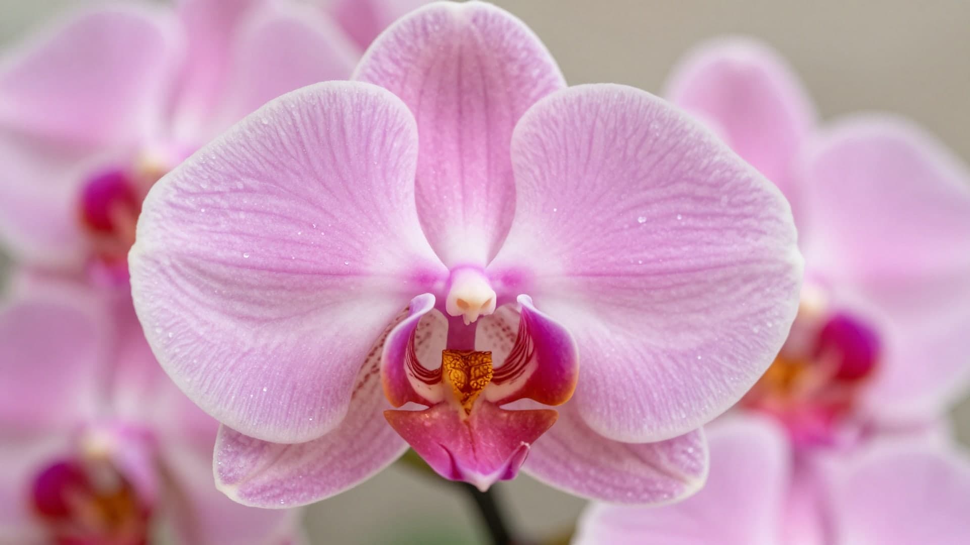 Soft pink orchids resting on glittery textured background.