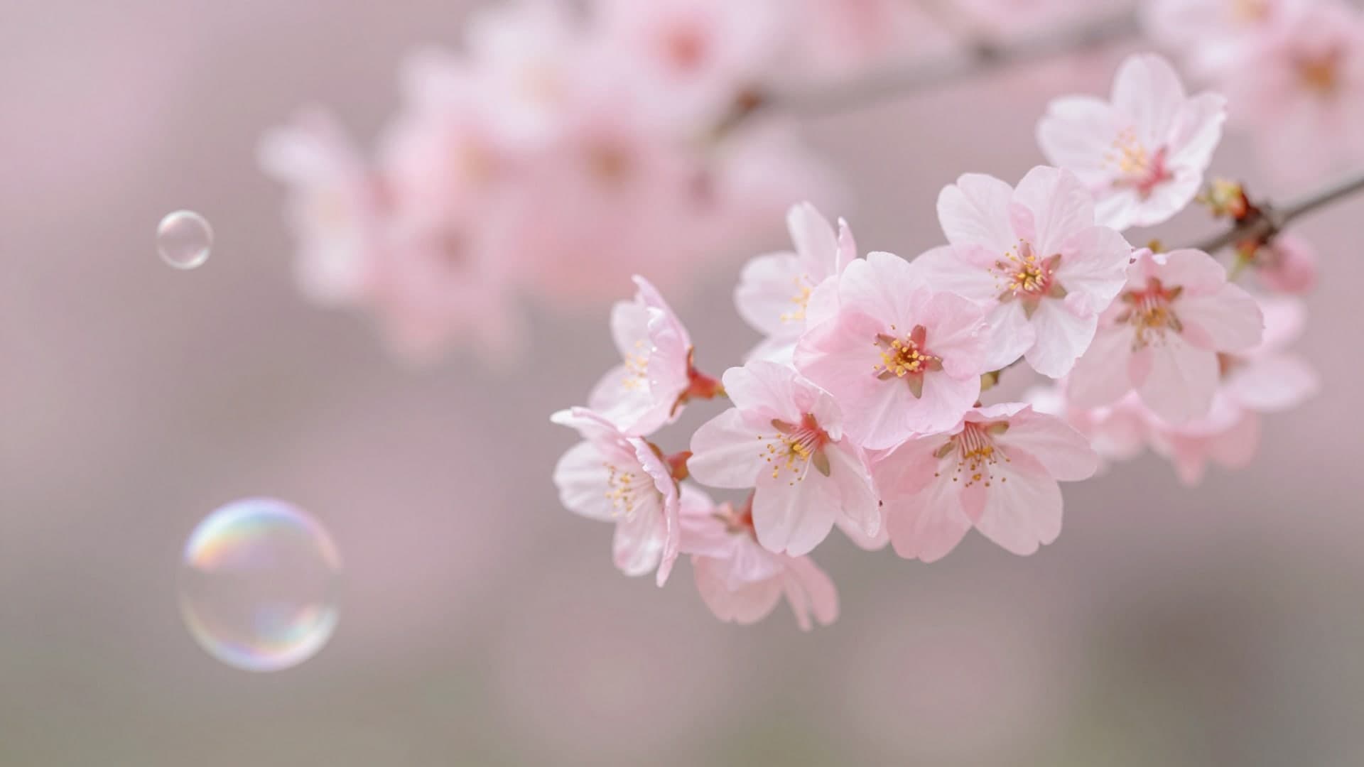 Delicate pink blossoms with floating bubbles and dreamy sparkle highlights in soft light.
