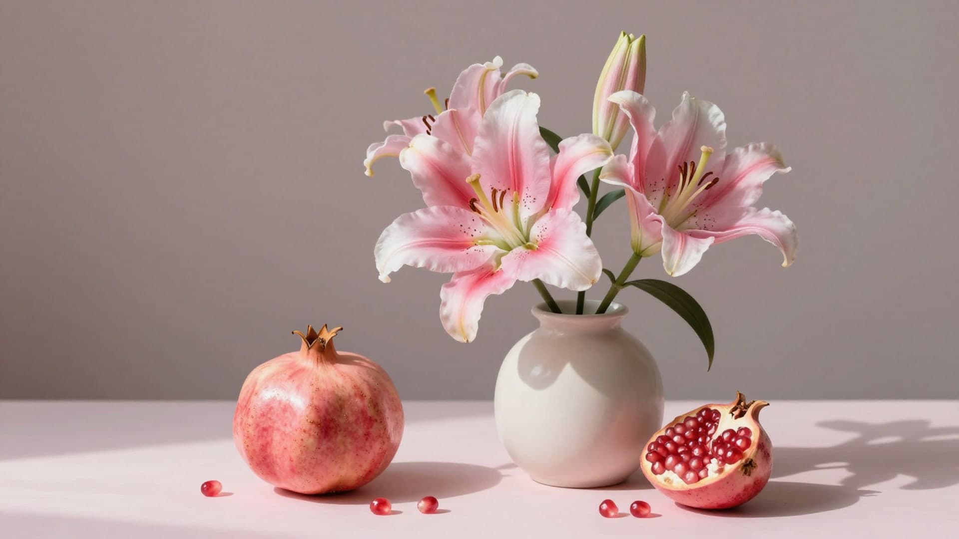 Pink lilies and pomegranate slices arranged artistically on soft background.