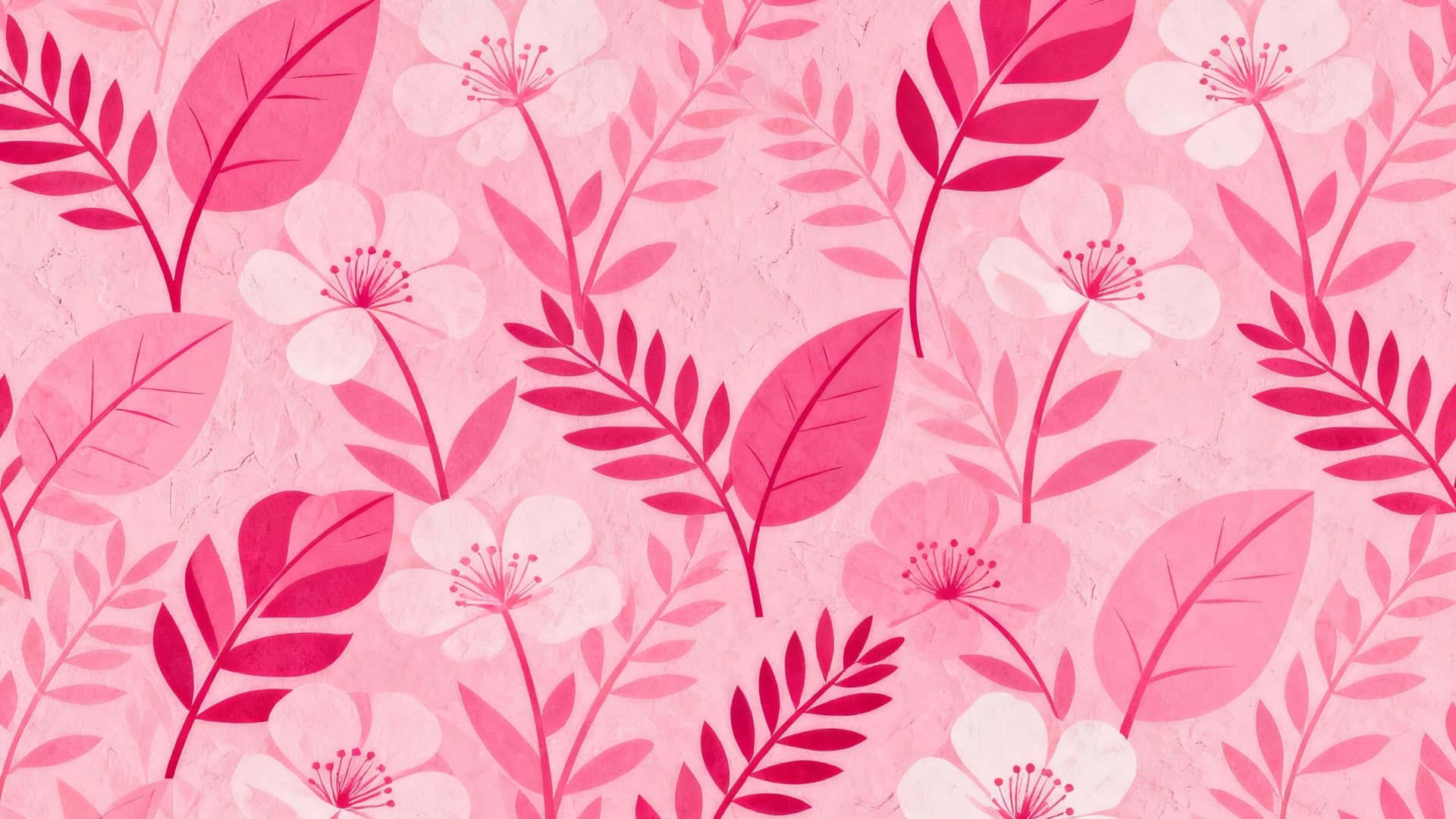 modern pink botanical pattern, stylized leaves and flowers, seamless tiling feel, minimal textured backdrop, high contrast accents, 16:9, no mockup, no device frame, no ui, no text, no watermark, no status bar, no bezel, no phone screen, no clock, no icons, no notch, plain wallpaper, clean background
