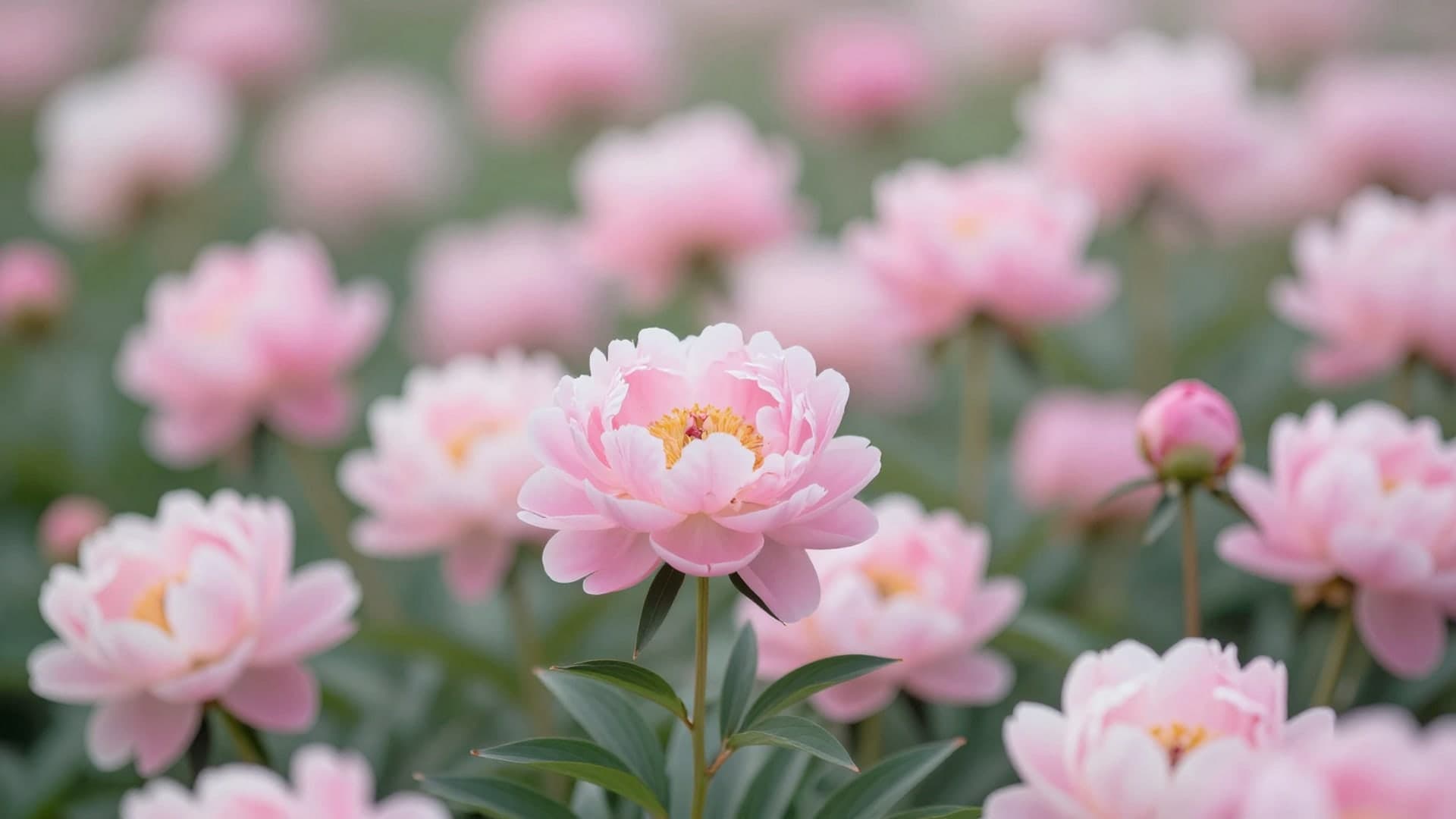 Soft pastel peonies in a dreamy glowing floral garden.