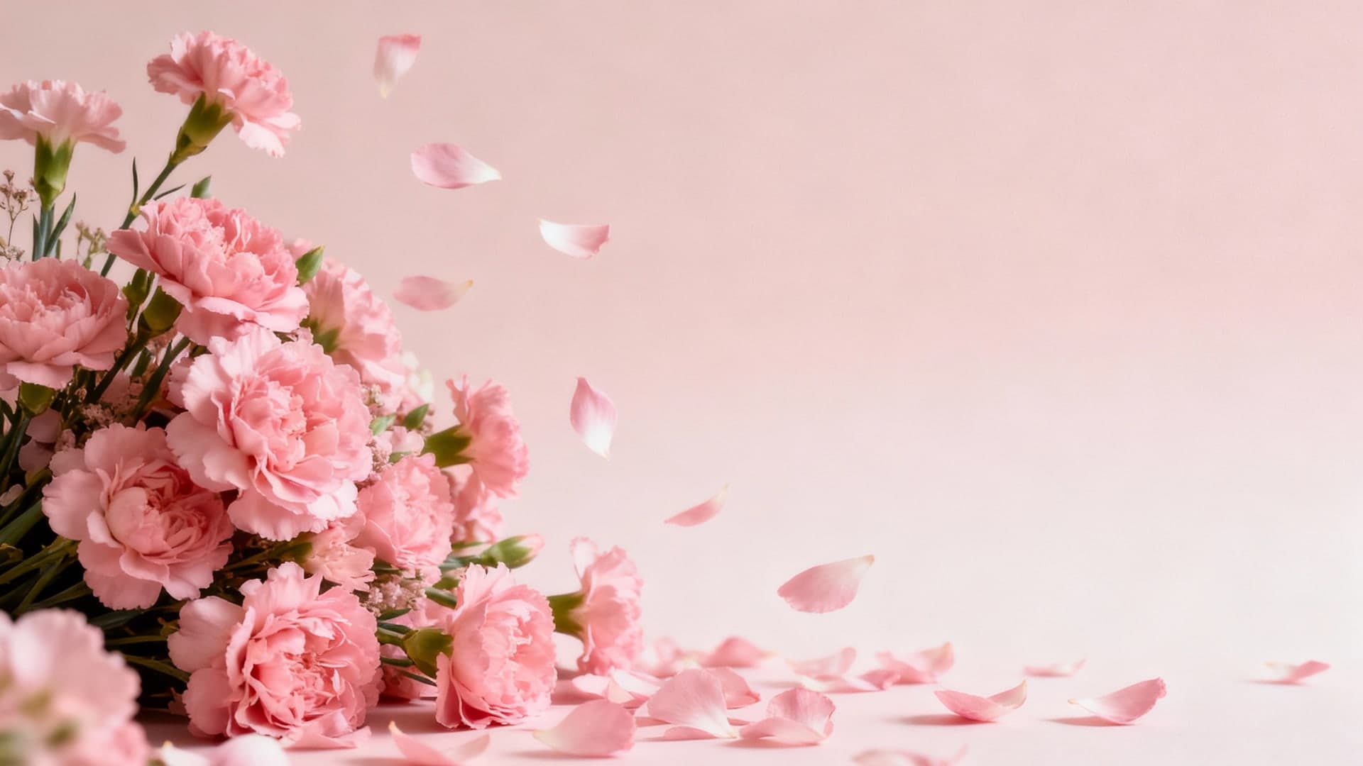 pink floral bouquet scattered diagonally across the frame, petals floating, soft blush gradient background, subtle grain, 16:9, no mockup, no device frame, no ui, no text, no watermark, no status bar, no bezel, no phone screen, no clock, no icons, no notch, plain wallpaper, clean background