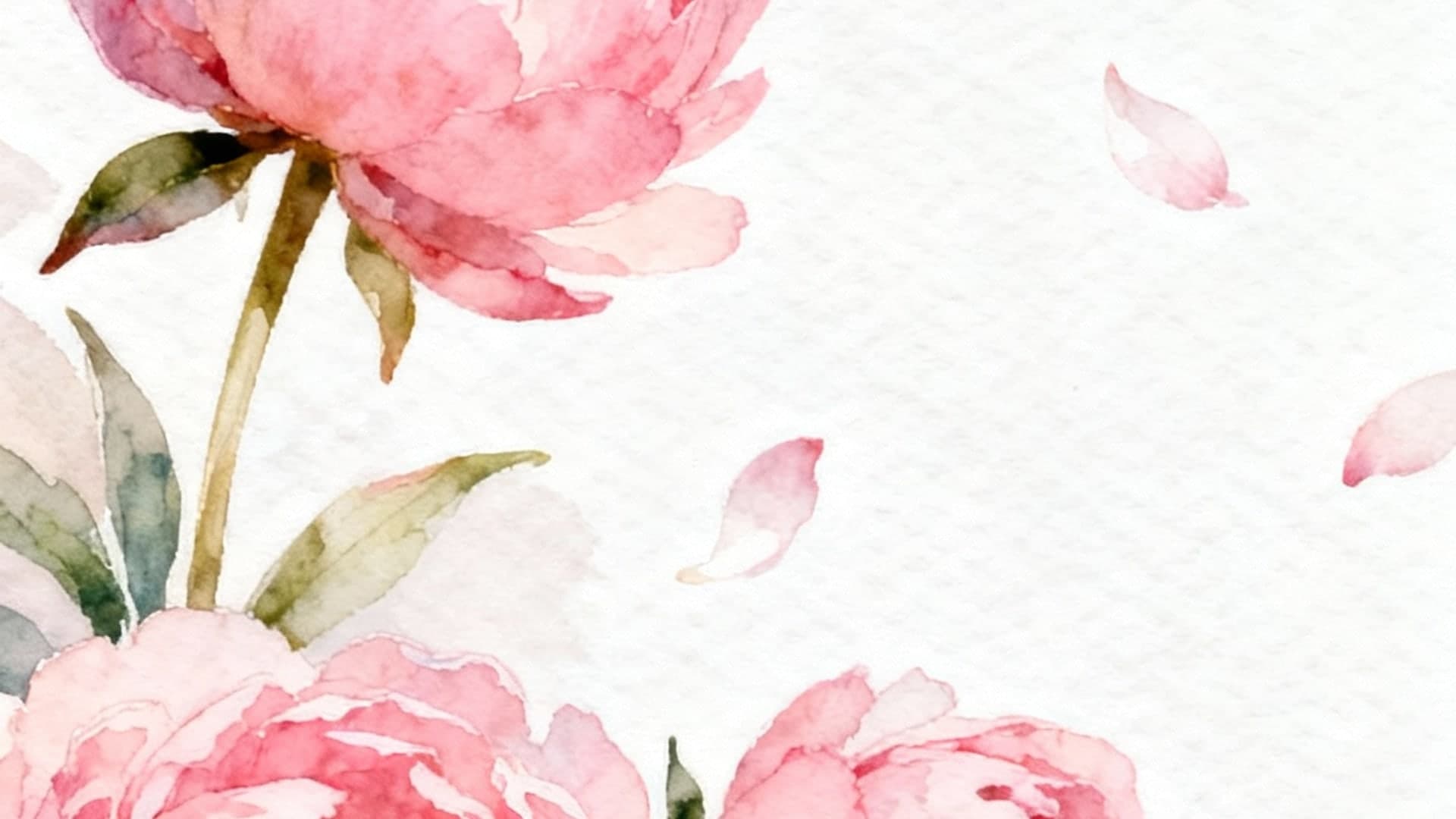 watercolor pink peonies with sakura petals drifting, airy negative space, soft grain, iphone wallpaper, vertical 9:16, no mockup, no device frame, no ui, no text, no watermark, no status bar, no bezel, no phone screen, no clock, no icons, no notch, plain wallpaper, clean background