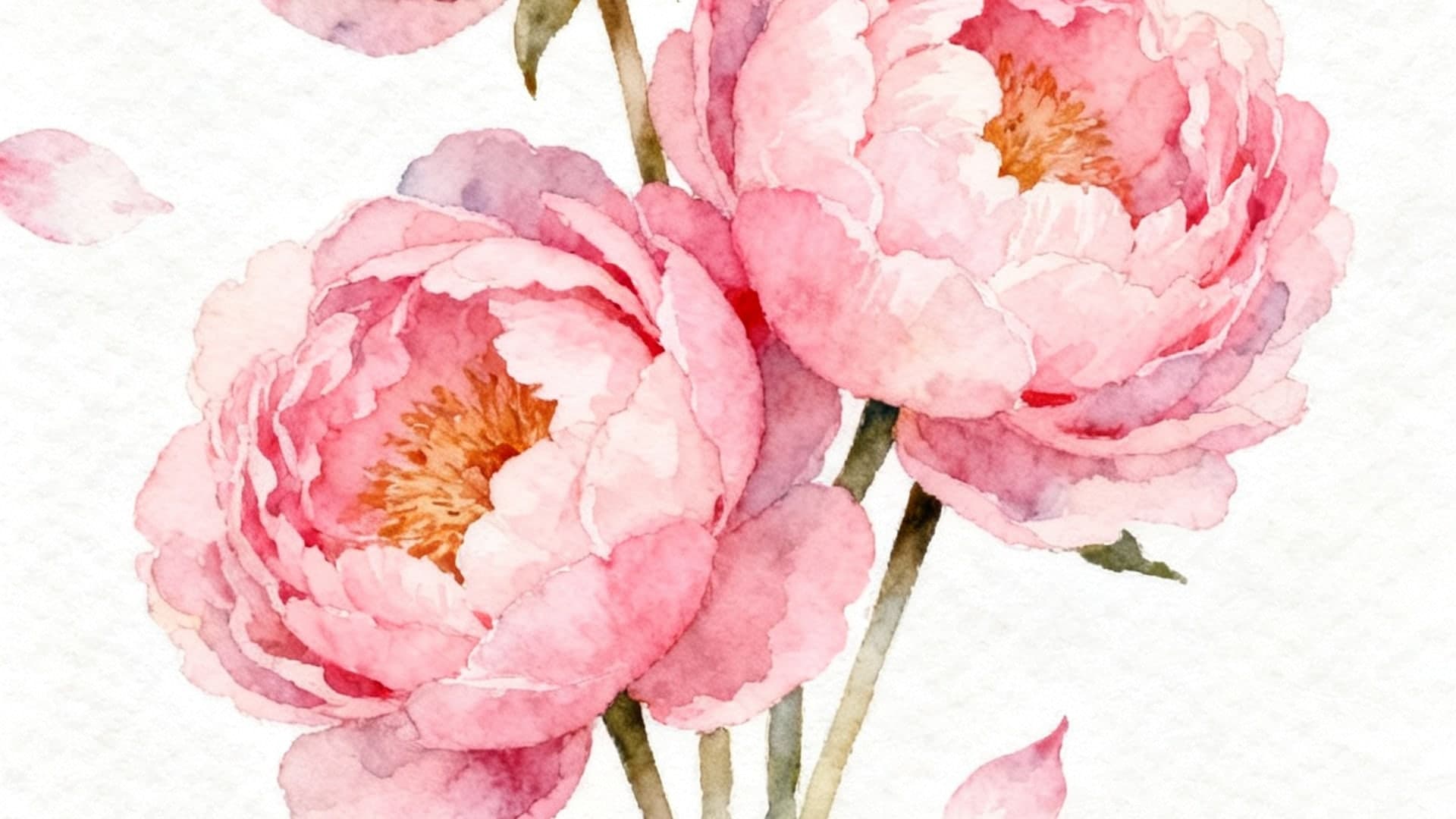 watercolor pink peonies with sakura petals drifting, airy negative space, soft grain, iphone wallpaper, vertical 9:16, no mockup, no device frame, no ui, no text, no watermark, no status bar, no bezel, no phone screen, no clock, no icons, no notch, plain wallpaper, clean background