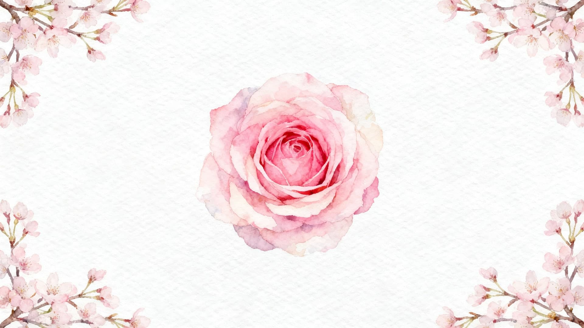 watercolor pink rose centerpiece with sakura branches framing corners, white textured paper background, airy negative space, 16:9, no mockup, no device frame, no ui, no text, no watermark, no status bar, no bezel, no phone screen, no clock, no icons, no notch, plain wallpaper, clean background