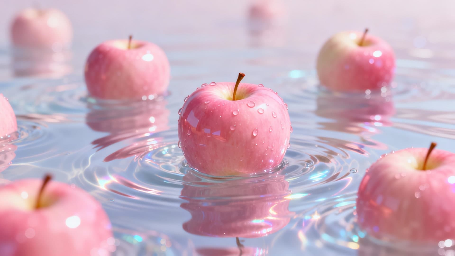 hyperrealistic glossy pink apples floating on reflective water surface, refracted highlights, droplets, dreamlike pastel tones, elegant wallpaper, 16:9 framing, no text, no watermark, no mockup
