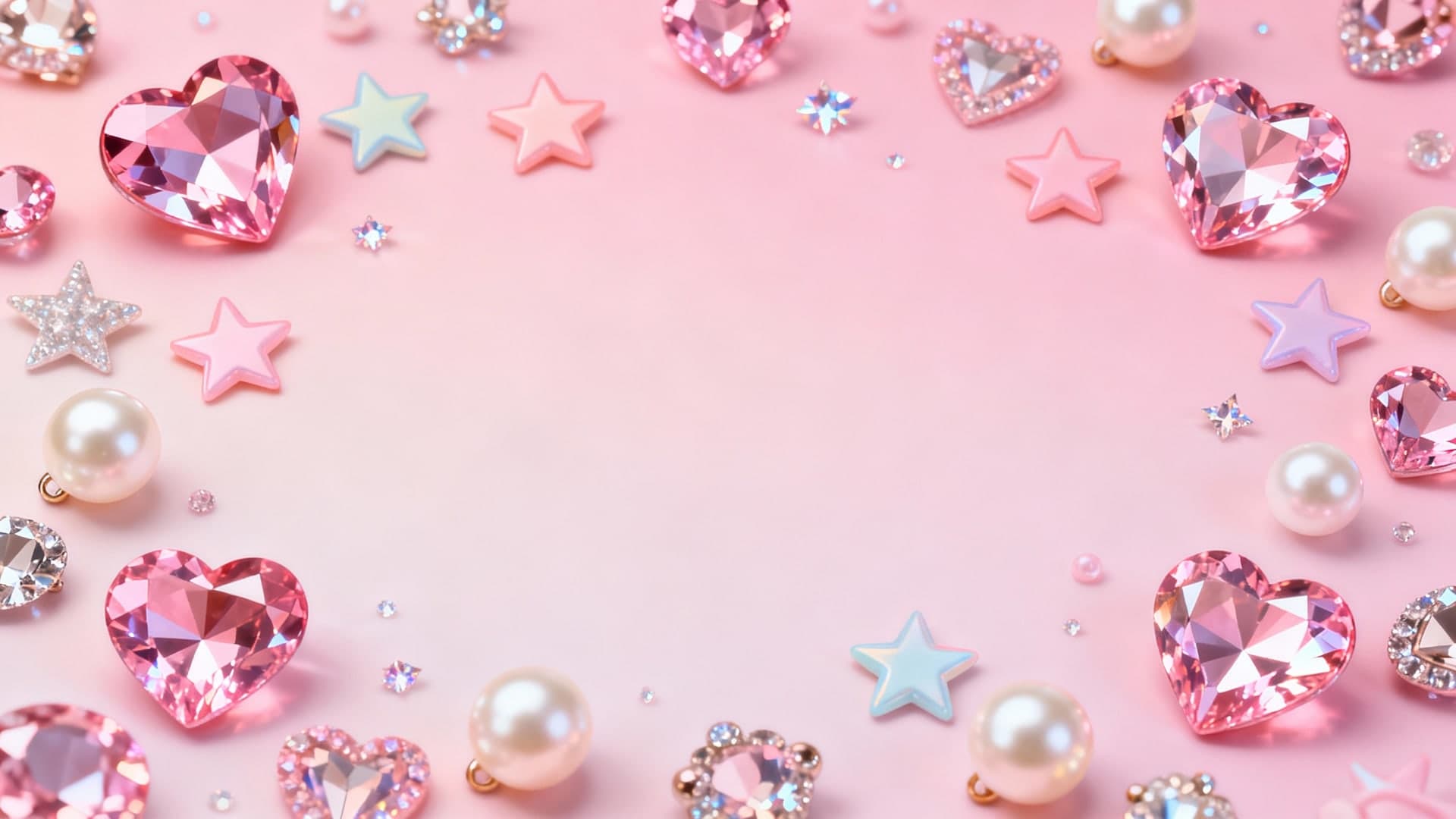 scattered pink gemstones, crystal hearts, pastel stars, glossy pearls and sparkling jewels on a soft pink gradient background, luxury kawaii jewelry aesthetic, high detail reflections, cinematic 16:9, no text, no watermark, no frame, no mockup, no clutter, plain wallpaper