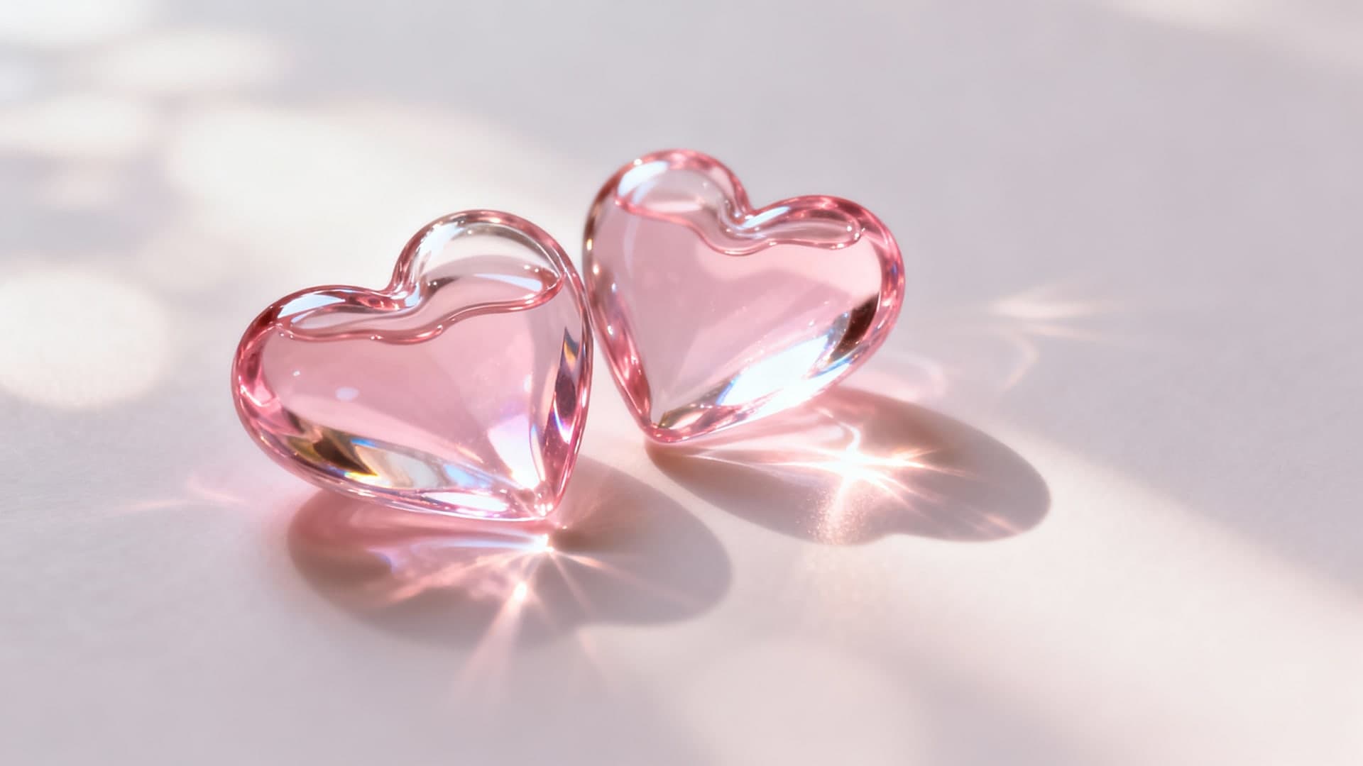 translucent pink glass hearts with reflective liquid surface, soft caustics, dreamy highlights, elegant minimal composition, 16:9 wallpaper, no text, no watermark, no mockup