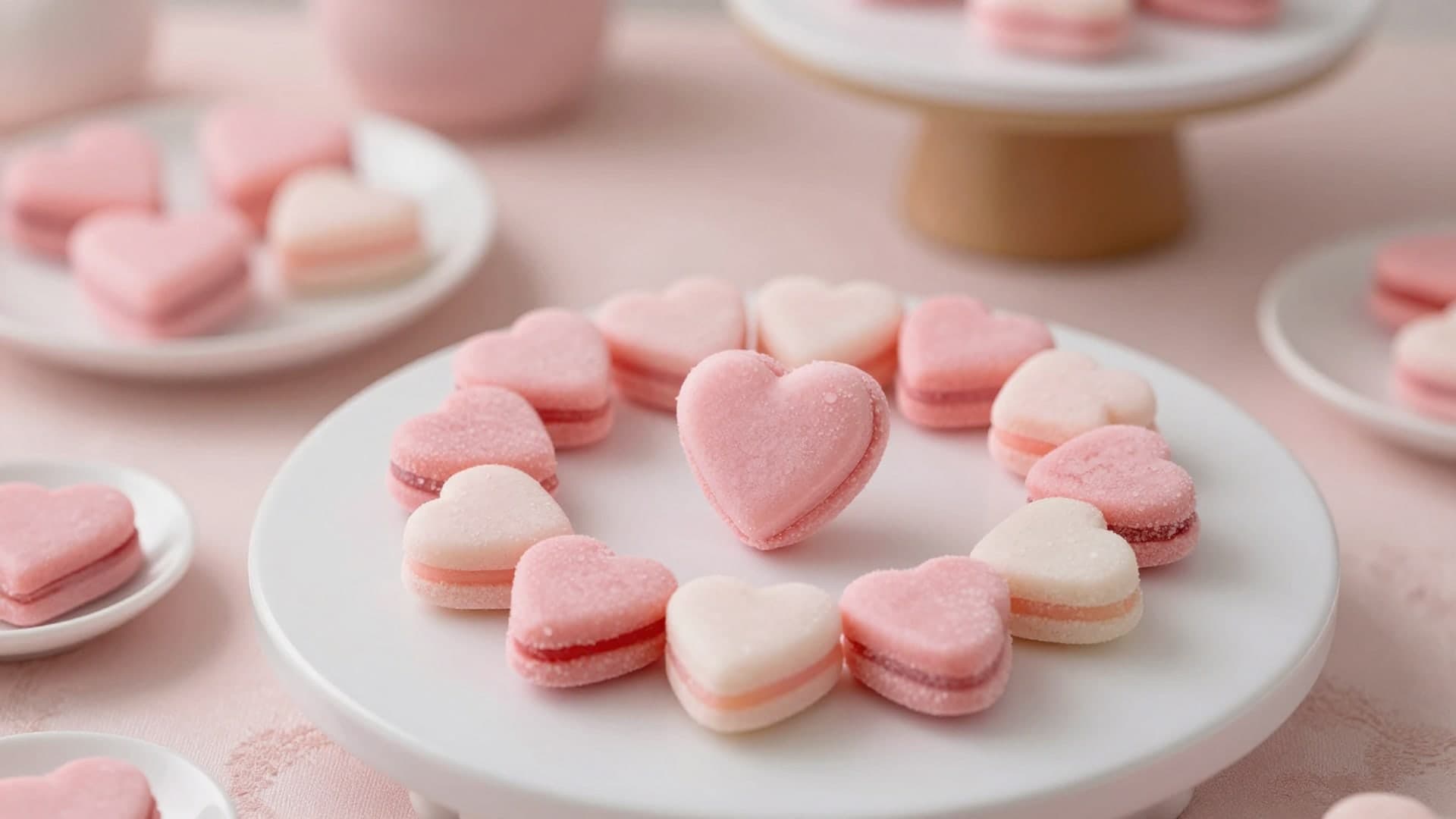 Lovely heart-shaped desserts arranged on a pink decorative table.