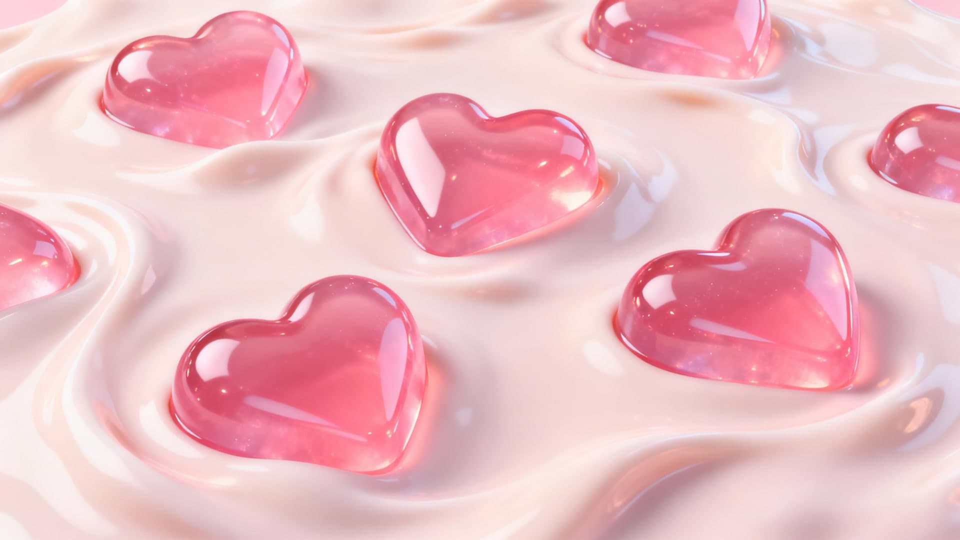 3D glossy pink jelly hearts embedded in soft creamy texture, smooth highlights, cute and modern aesthetic, gentle reflections, visually pleasing composition, 16:9, no watermark, no text, no product mockup, no device