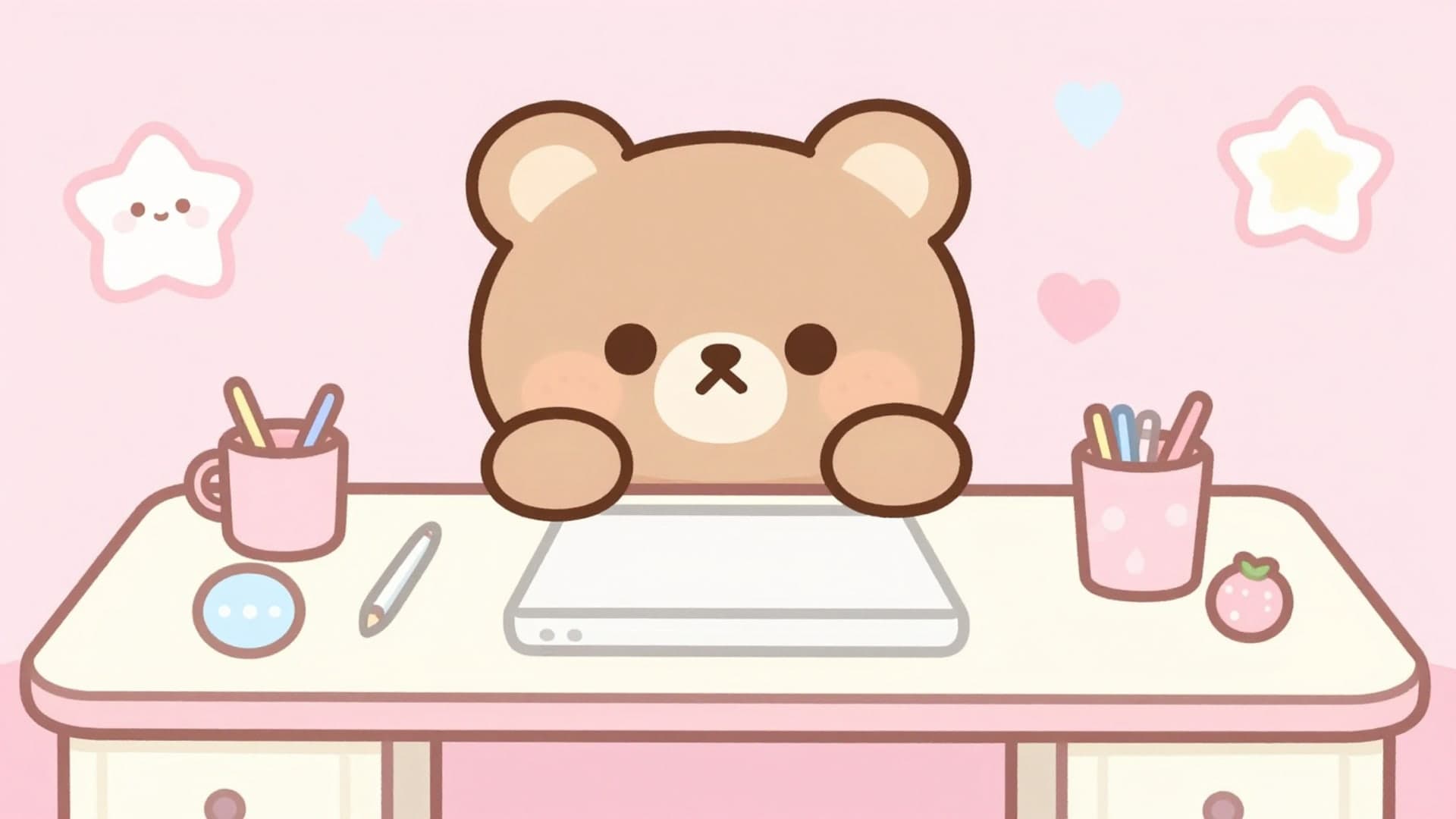 Cute kawaii study desk with adorable bear elements and pastel decorations.